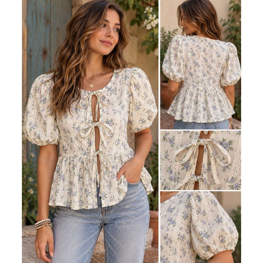 Cottagecore Babydoll Top Floral Eyelet Lace Puff Sleeve Tie Front M